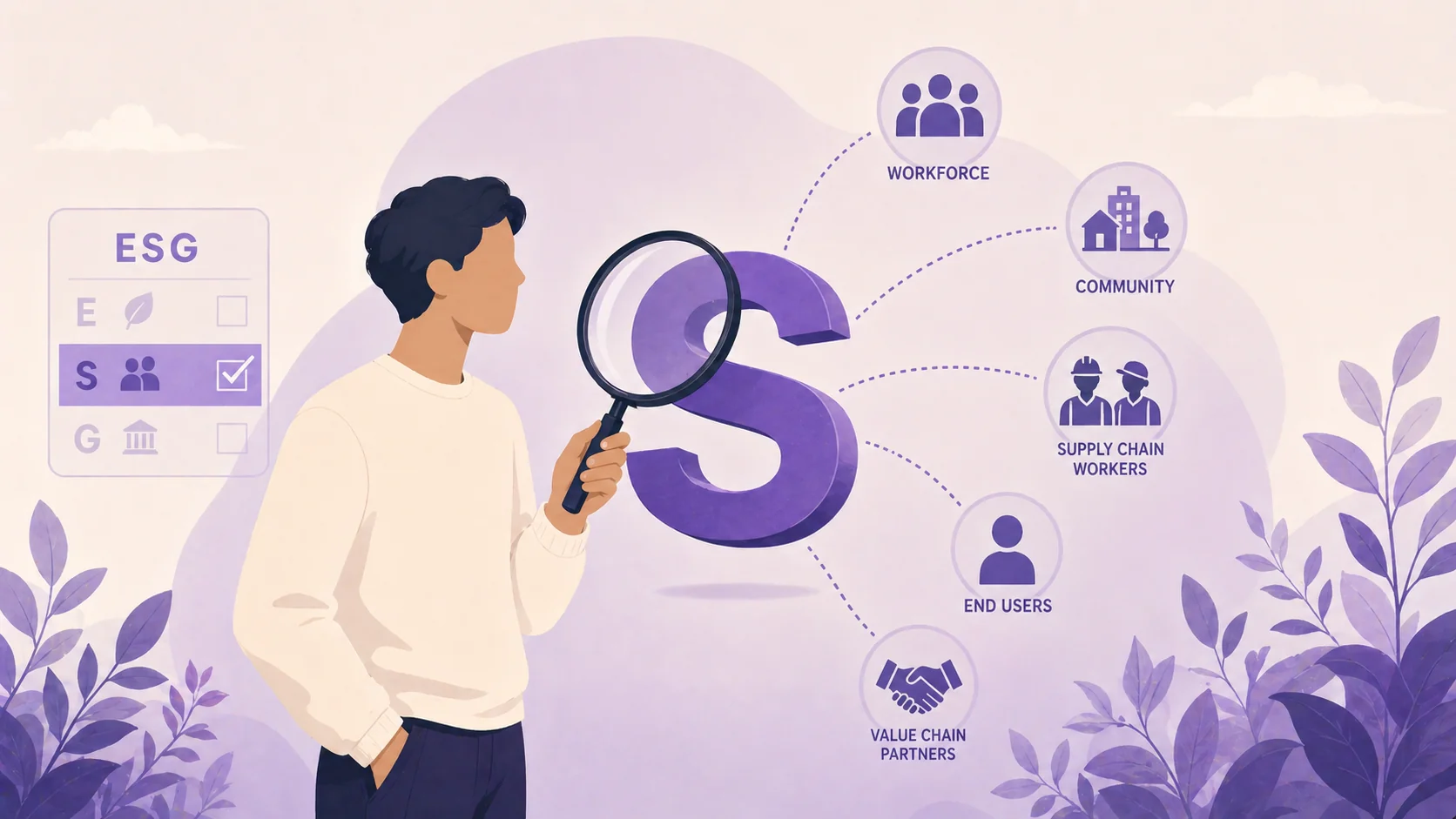 Magnifying glass examining the S in ESG