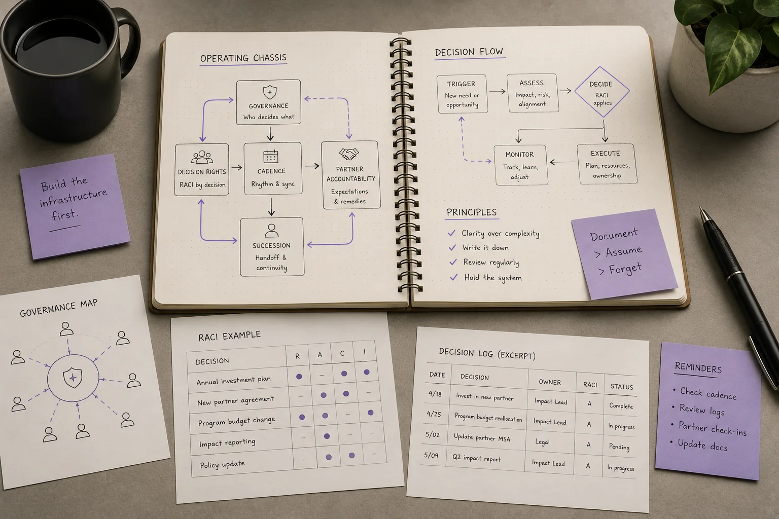 Operating model: a notebook diagram showing the five artifacts (governance, decision rights, cadence, partner accountability, succession), plus a sample RACI table and decision log excerpt