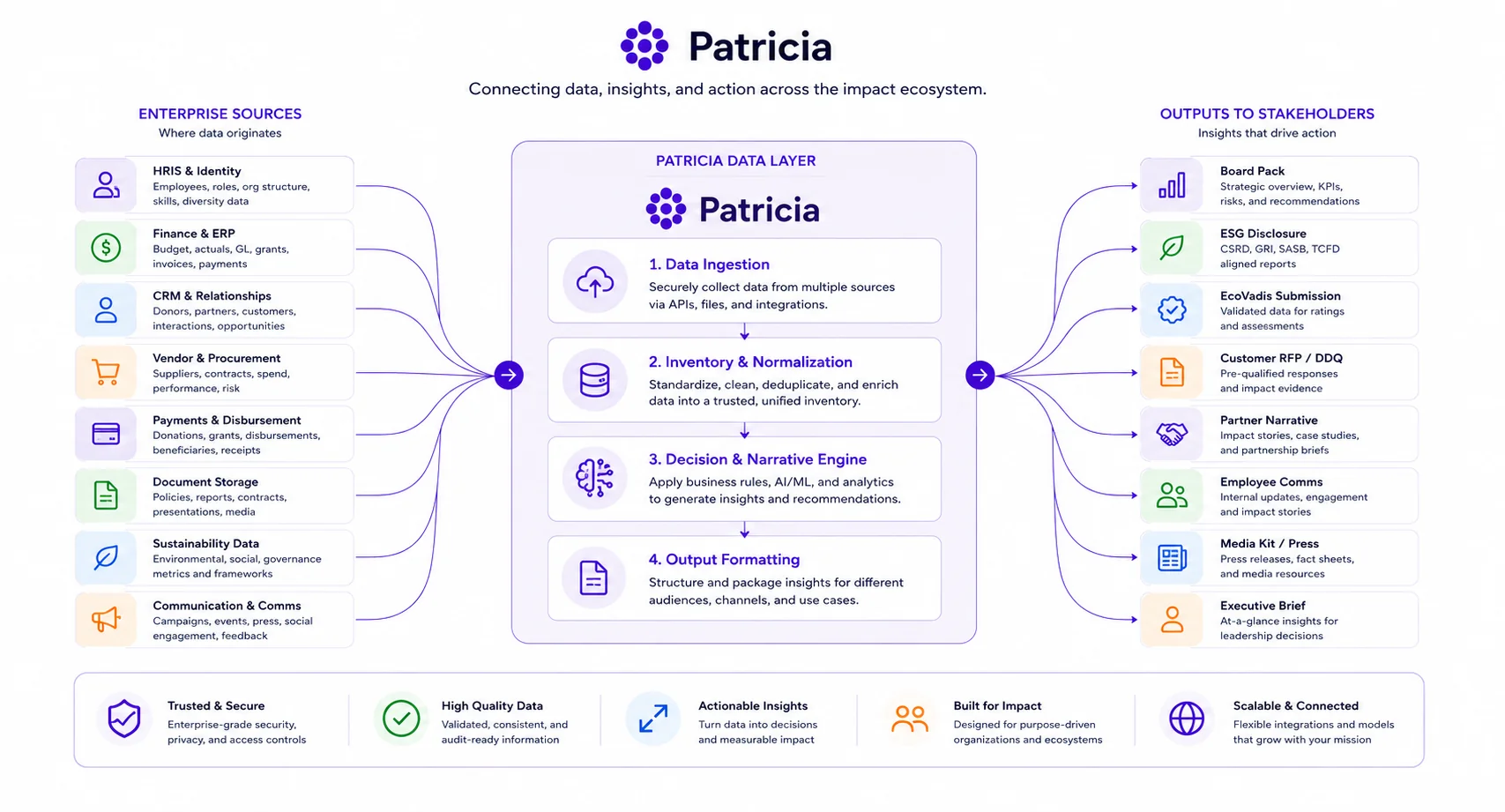 Patricia data flow: enterprise sources to Patricia data layer to outputs